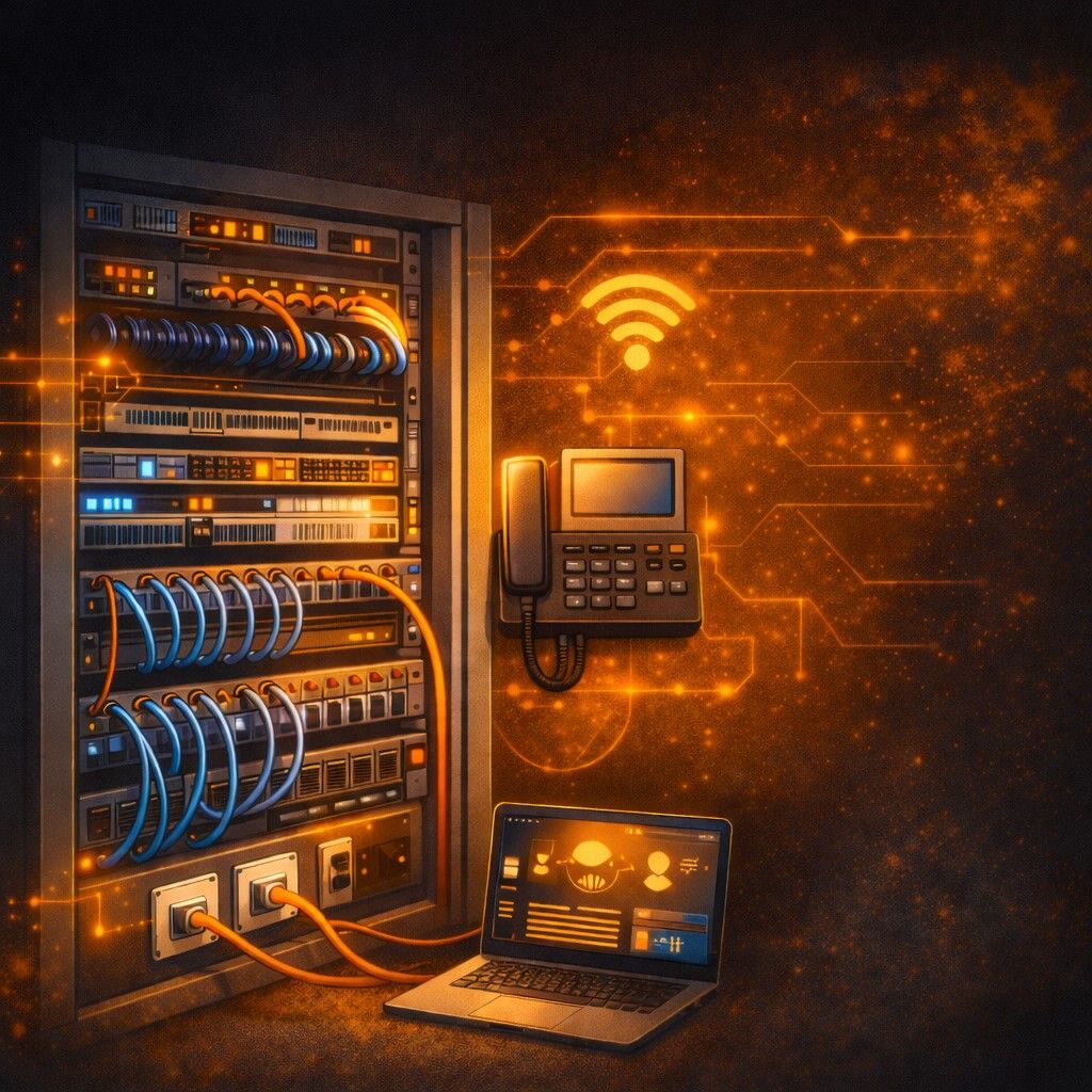 Serverraum mit Computer und Telefon